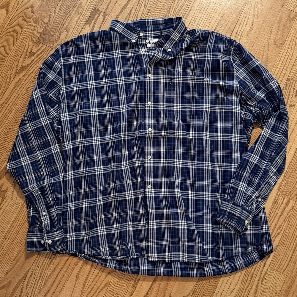 Barbour‎ Stapleton Oxford Check Shirt Mens XXL Blue Plaid Tailored Fit Cotton